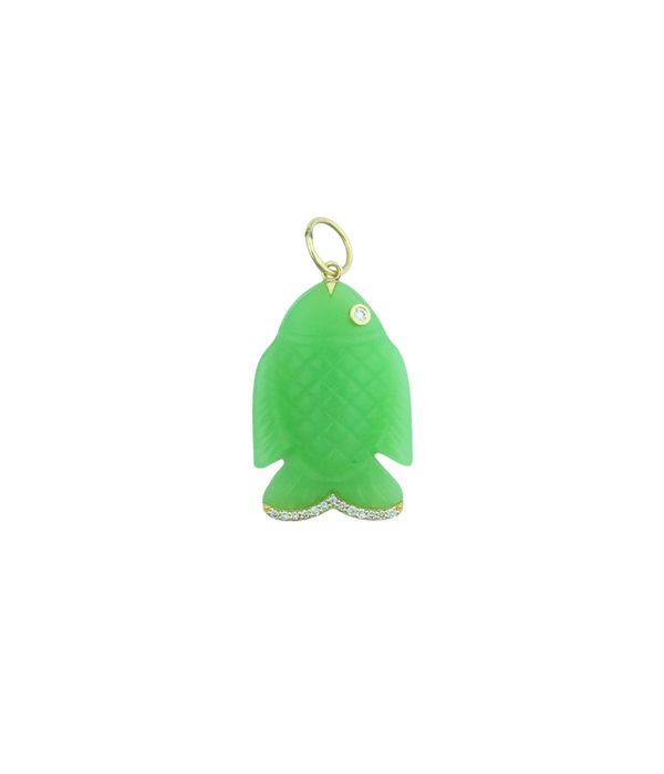 14K Gold Diamond Chrysoprase Fish Charm