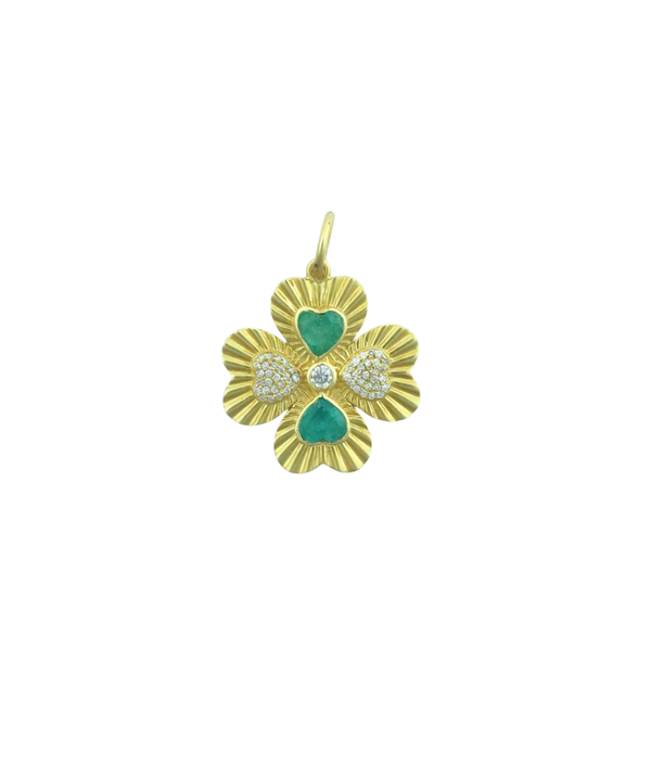 14K Gold Diamond & Emerald Four Leaf Clover Charm