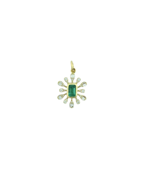 14K Gold Abstract Emerald Diamond Flower Charm