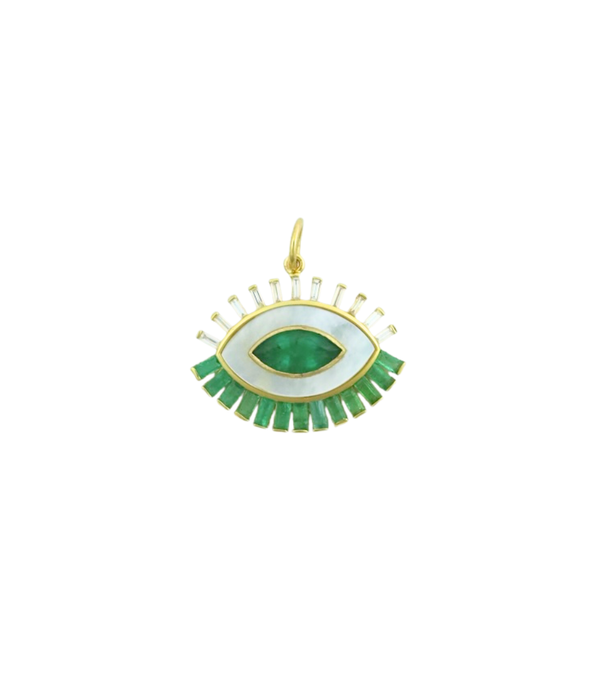 14K Gold Mother of Pearl Baguette Emerald Evil Eye Charm