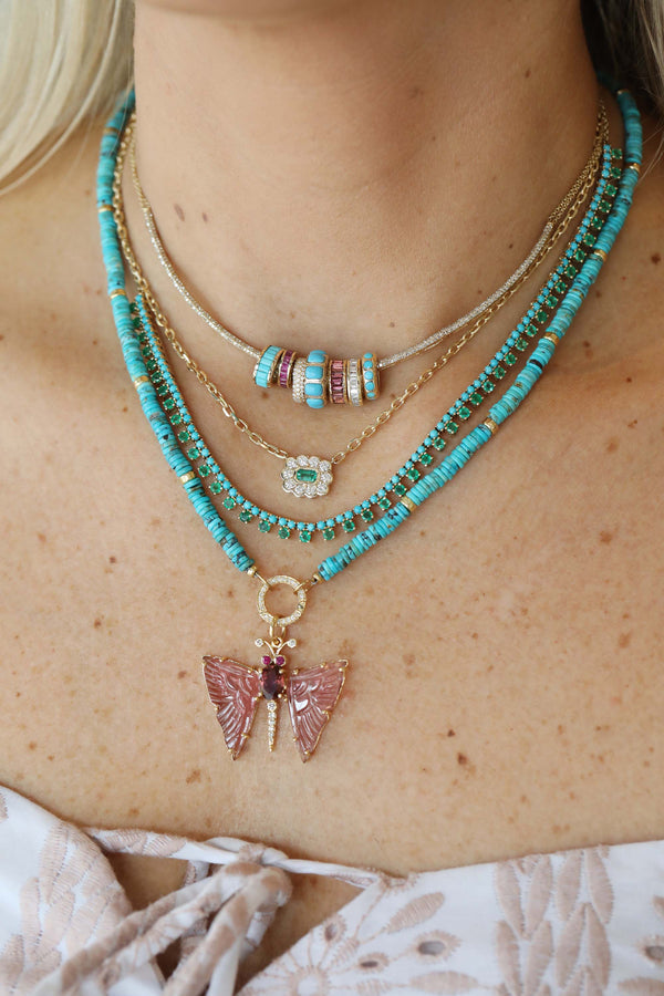 14K Gold Emerald and Turquoise Tennis Necklace