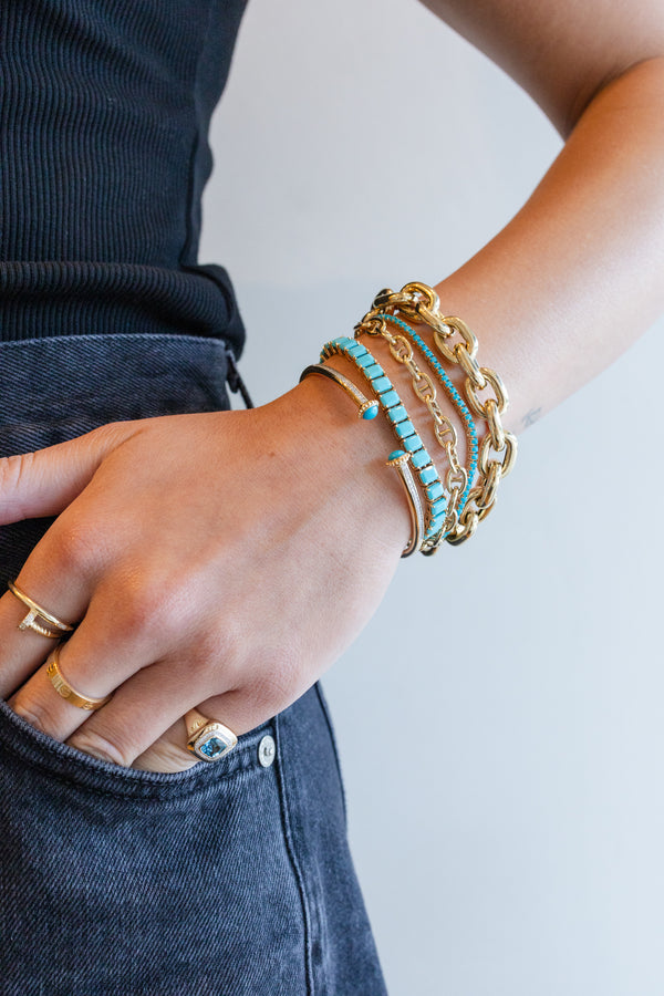 14K Gold Square Turquoise Tennis Bracelet