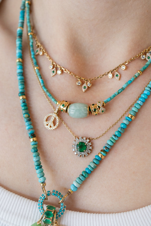 14K Gold Diamond Round Emerald Retro Necklace