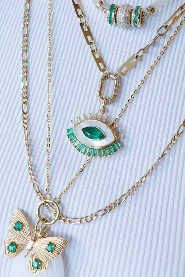 14K Gold Mother of Pearl Baguette Emerald Evil Eye Charm