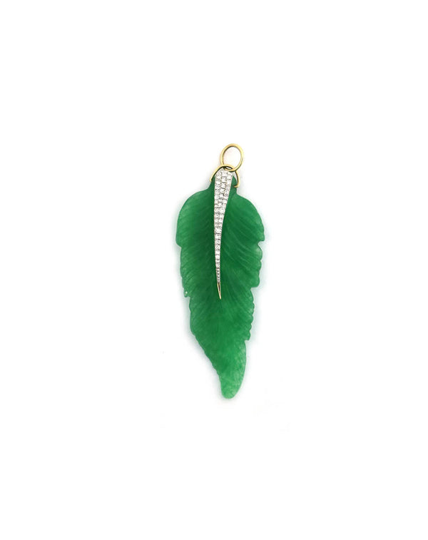 14K Gold Diamond Craved Green Onyx Leaf Charm