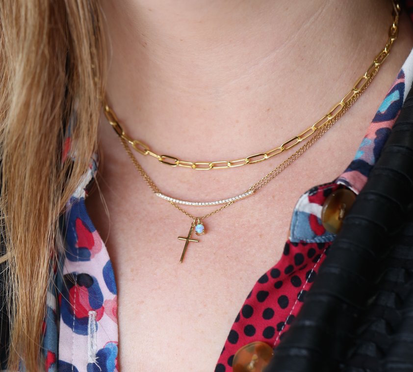 Gold Cross & Opalite Charm Necklace