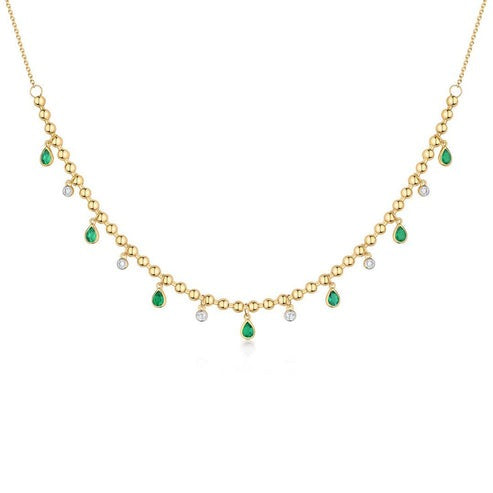 14K Gold Beaded Diamond Oval Emerald Charm Necklace