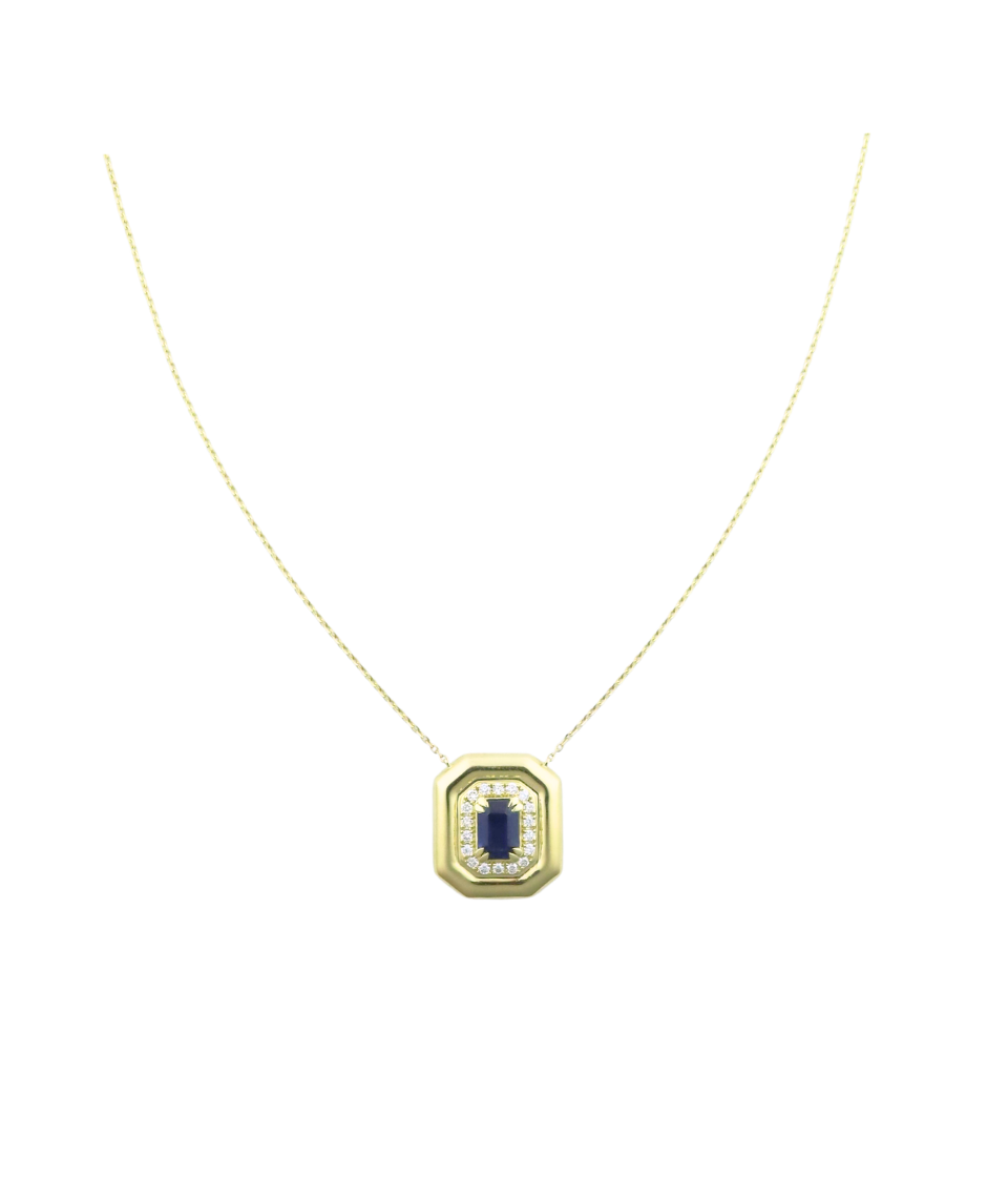 14K Gold Diamond Square Blue Sapphire Necklace