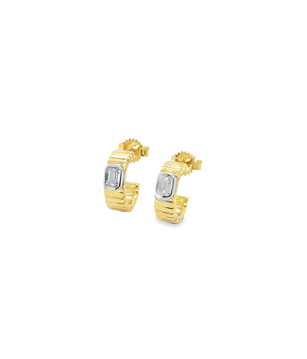 14K Gold Ridged .26ct Emerald Cut Diamond Stud Hoop