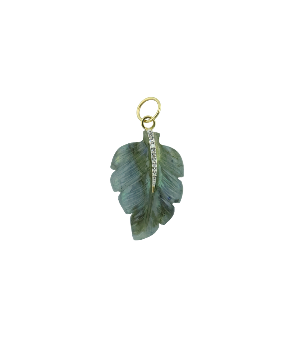 14K Gold Diamond Carved Labradorite Leaf Charm