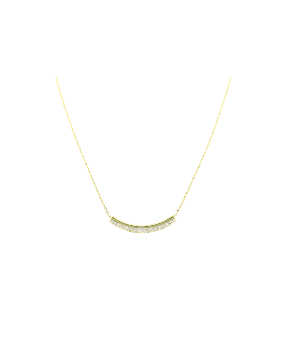 14K Gold Curved Baguette Diamond Bar Necklace