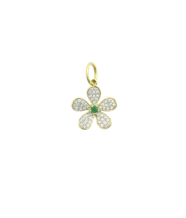 14K Gold .20ct Diamond Emerald Flower Charm