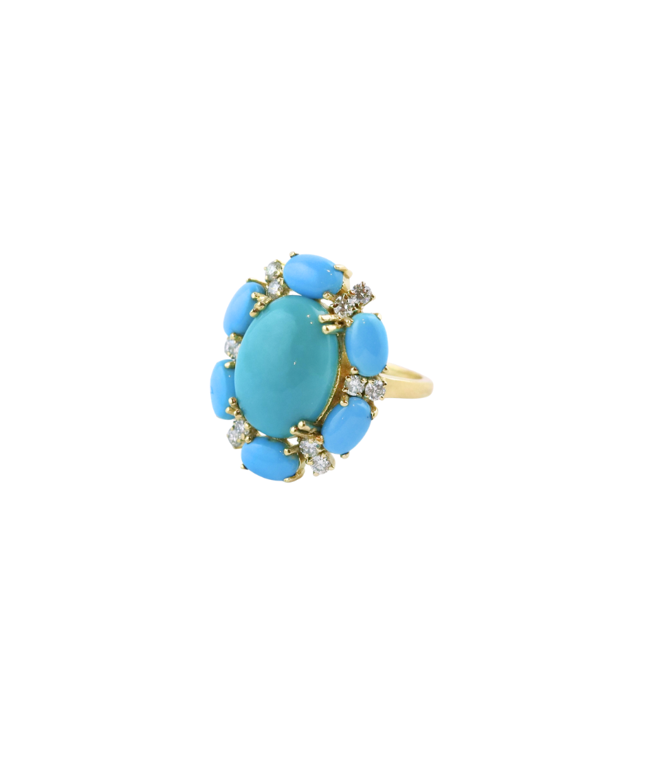 14K Gold Teal Turquoise Floral Cocktail Ring