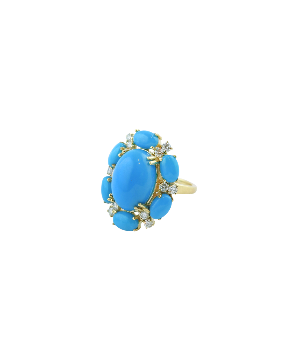14K Gold Blue Turquoise Floral Cocktail Ring