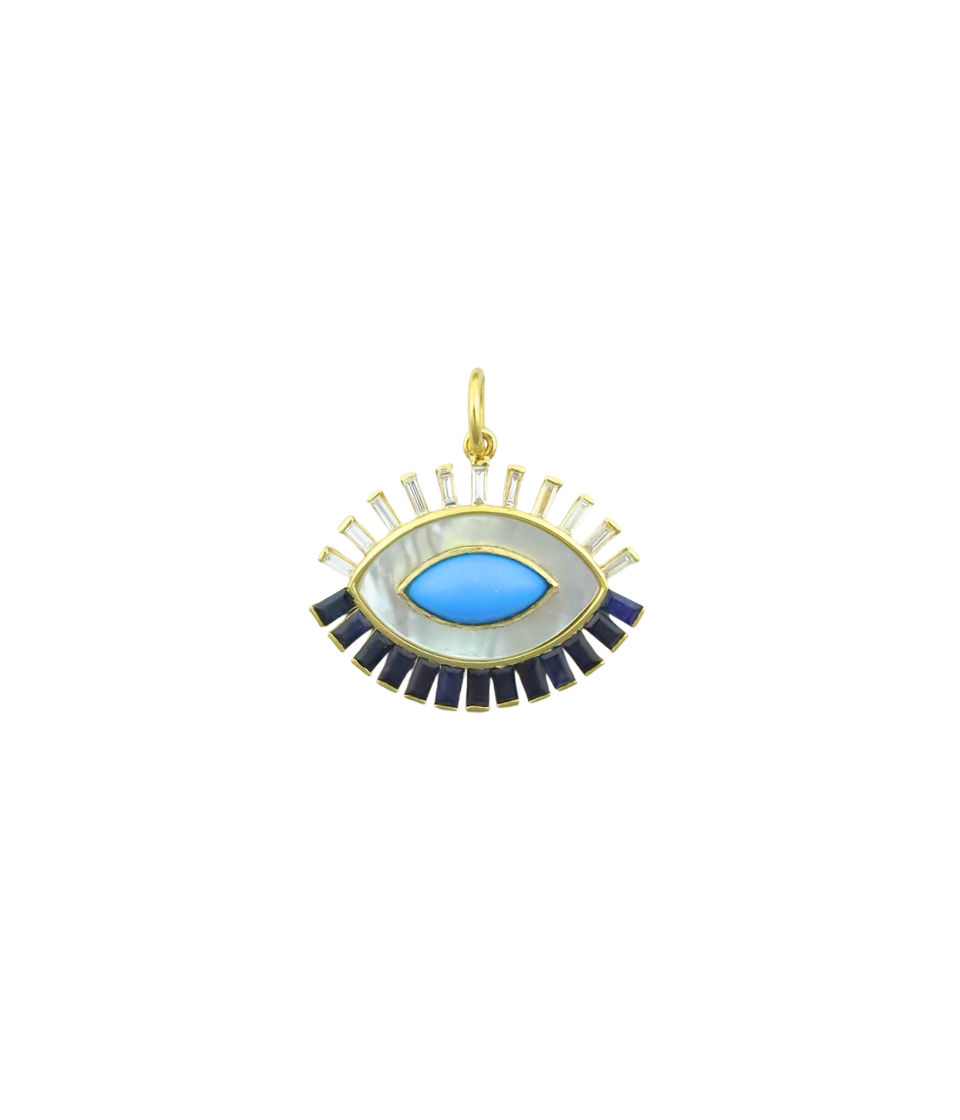 14K Gold Baguette Sapphire Turquoise Evil Eye