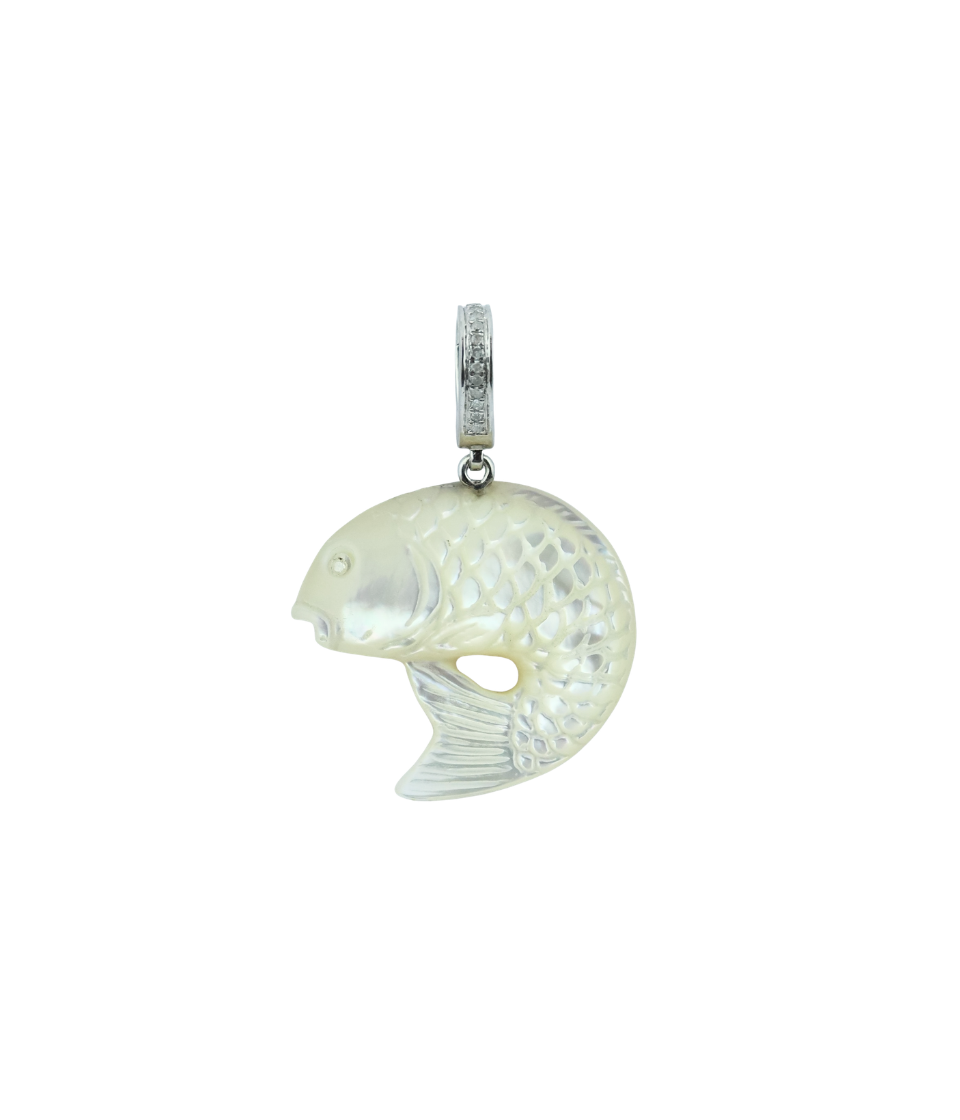 Silver Diamond Carved Mother of Pearl Koi Fish Pendant