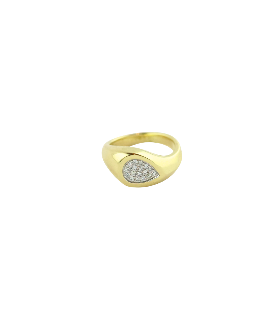 14K Gold Pave Diamond Sideways Teardrop Pinky Ring