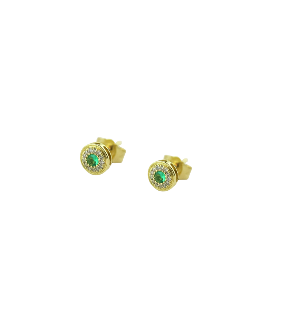 5mm 14K Gold Emerald & Pave Diamond Round Studs