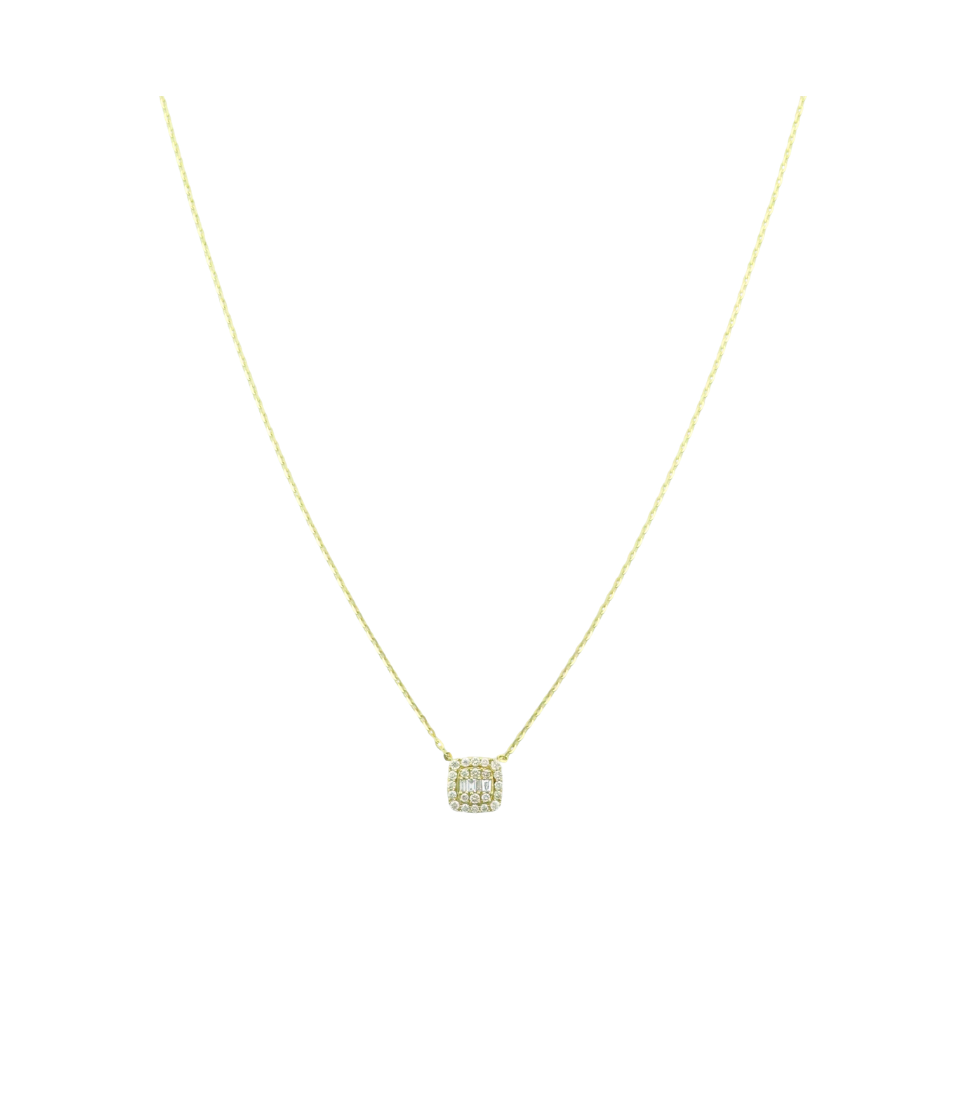 14K Gold Pave Framed Baguette Diamond Square Necklace