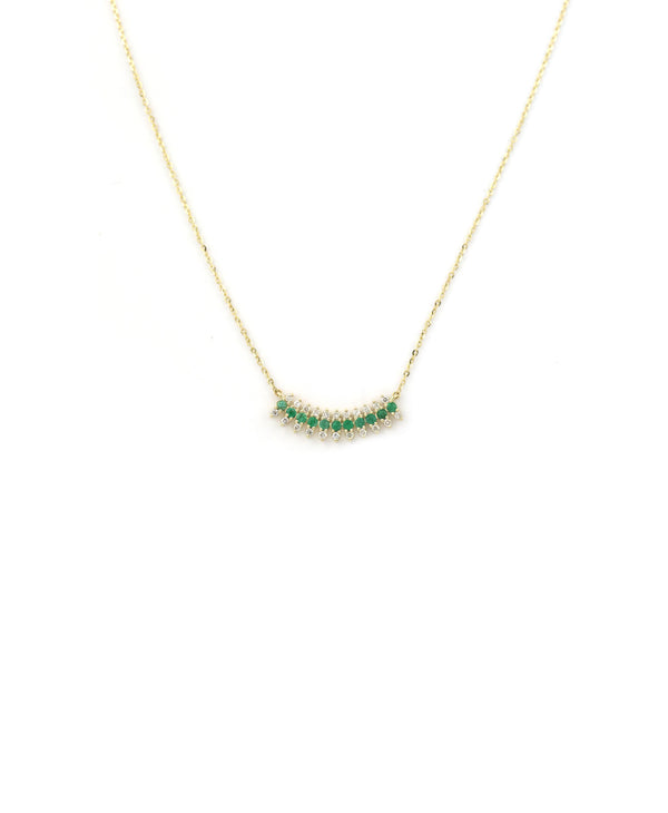 14K Gold Curved Emerald Diamond Bar Necklace