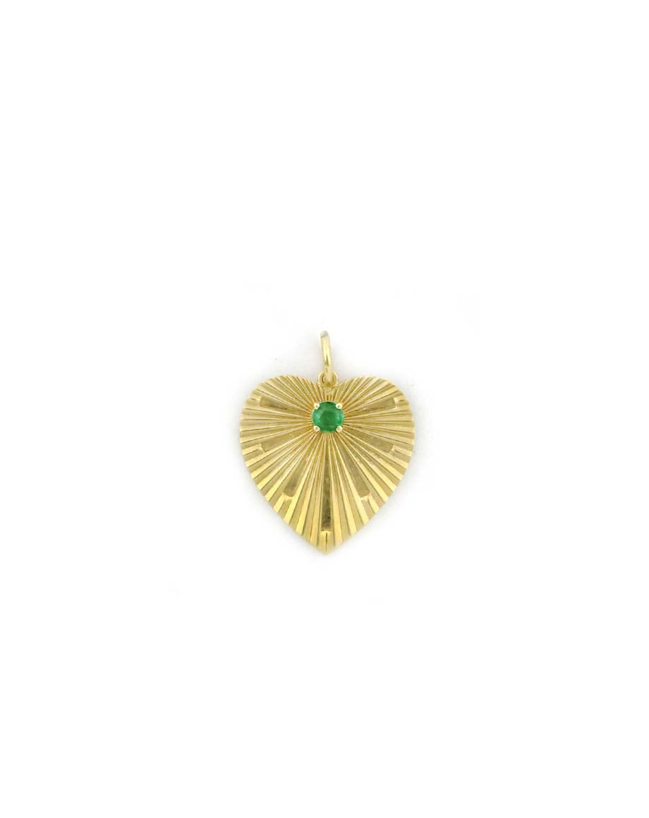 14K Gold Fanned Single Emerald Heart Charm