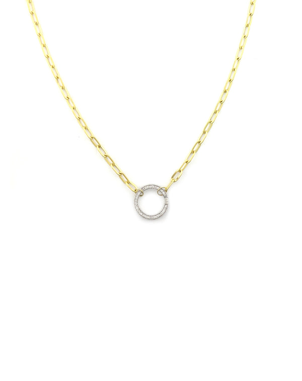 14K Gold 17mm Diamond Lock Necklace: Small Flat Oval Paper Clip