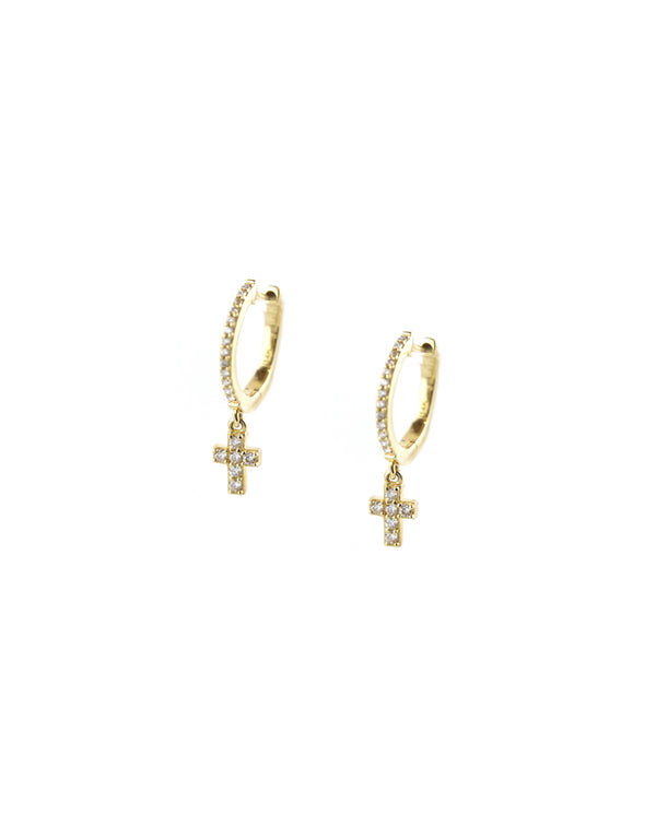 14K Gold Diamond Cross Charm Huggies