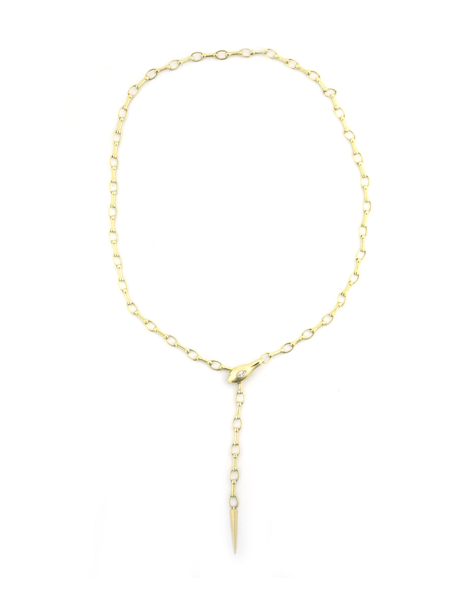 14K Gold Link + Oval Snake .11ct Diamond Lariat Necklace