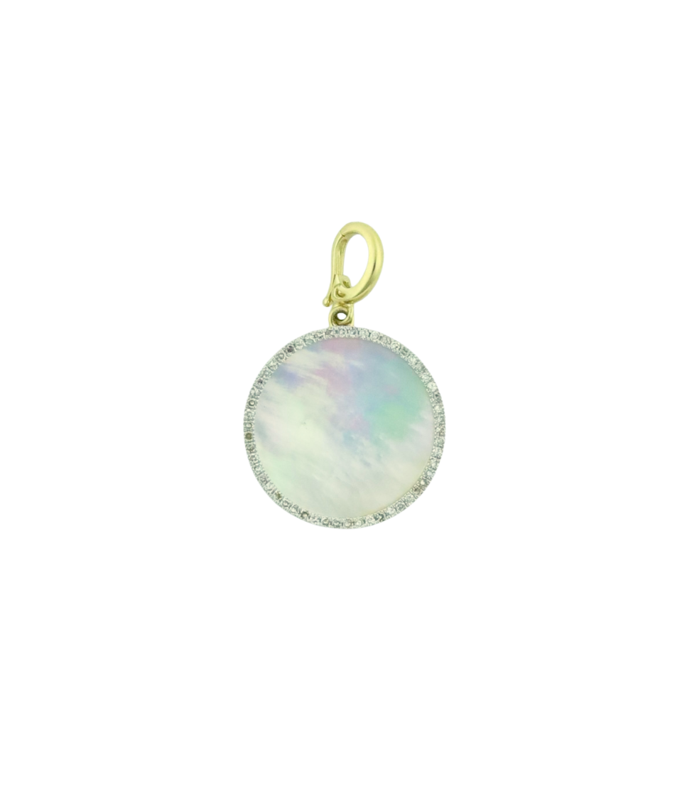14K Gold Mother of Pearl Diamond Frame Coin Openable Bail Charm