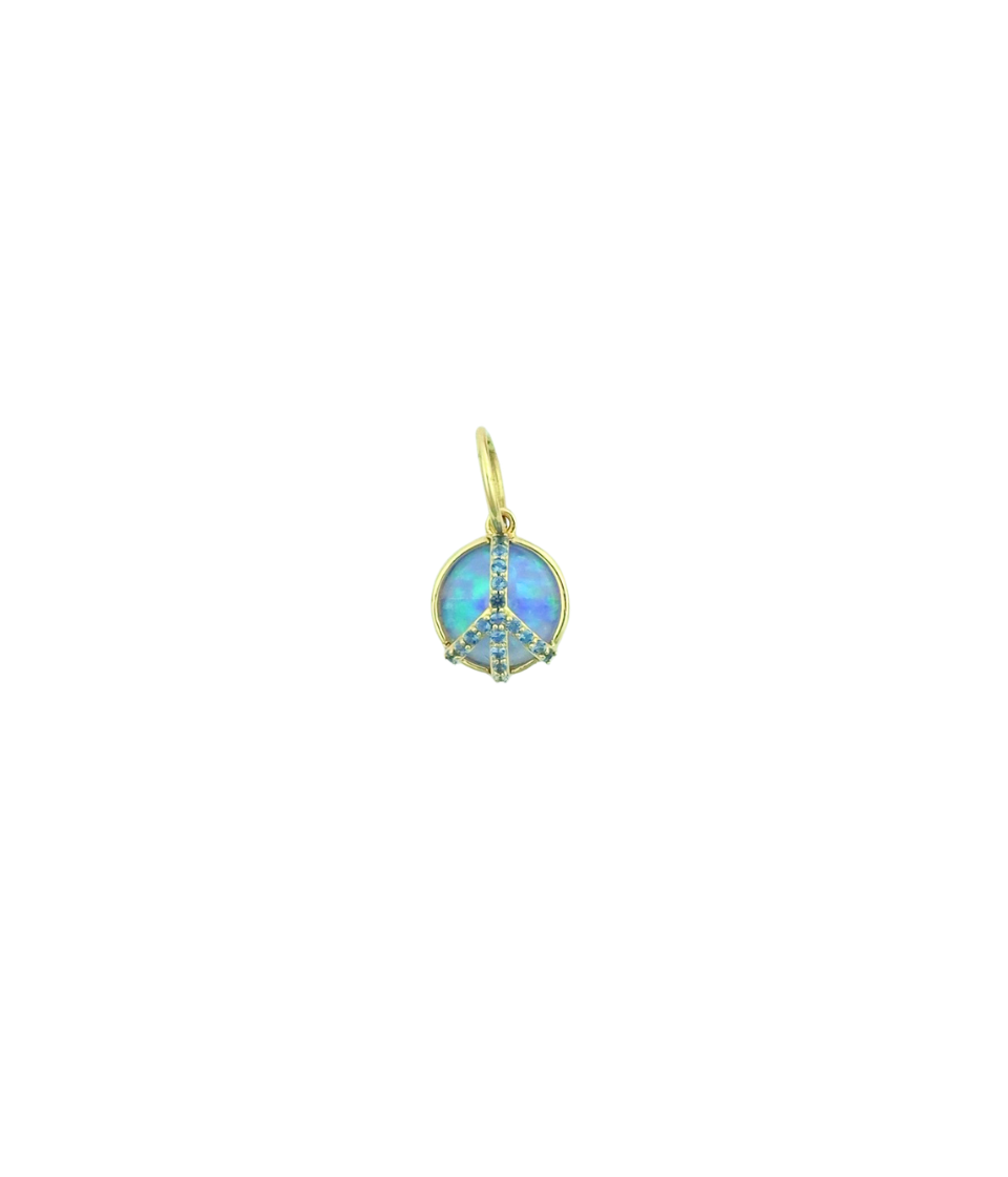 Mini 14K Gold Light Blue Opal Topaz Peace Sign Charm
