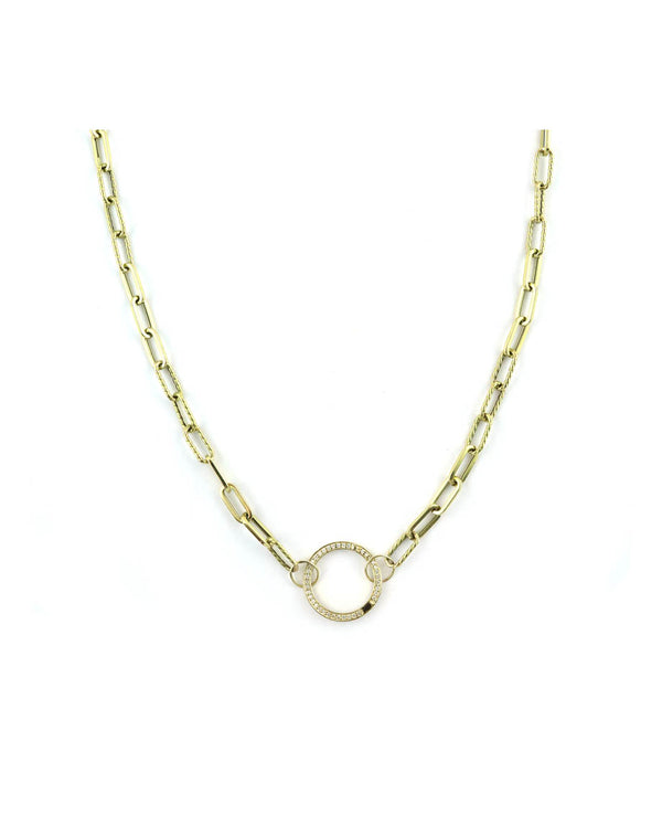 14K Gold Small Twisted Paperclip 12mm Diamond Lock Necklace