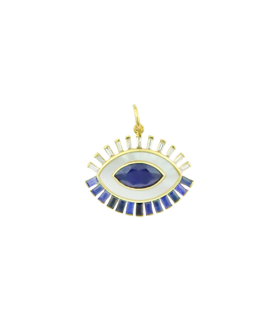 14K Gold Baguette Diamond and Sapphire Evil Eye Charm