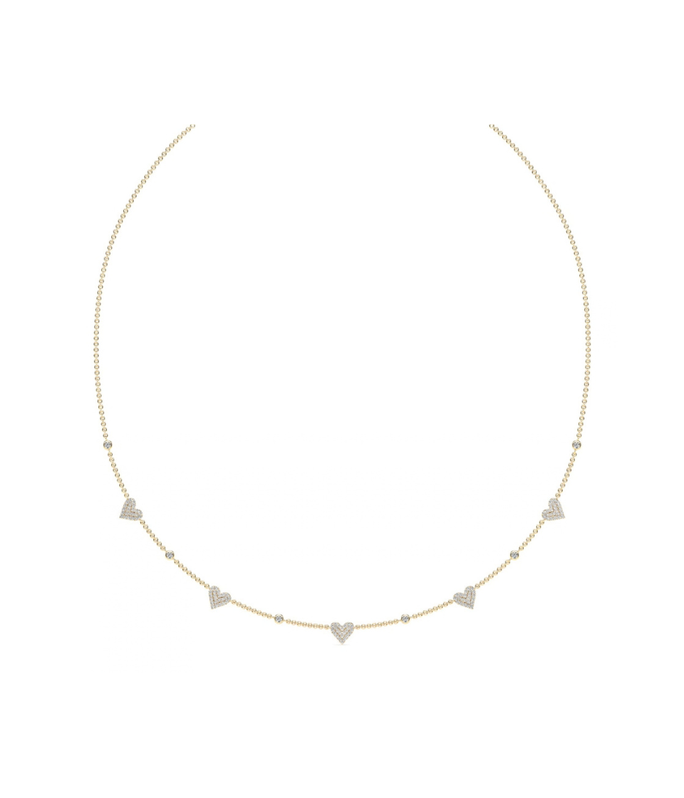 14K Gold Pave Diamond Heart Charm Station Necklace