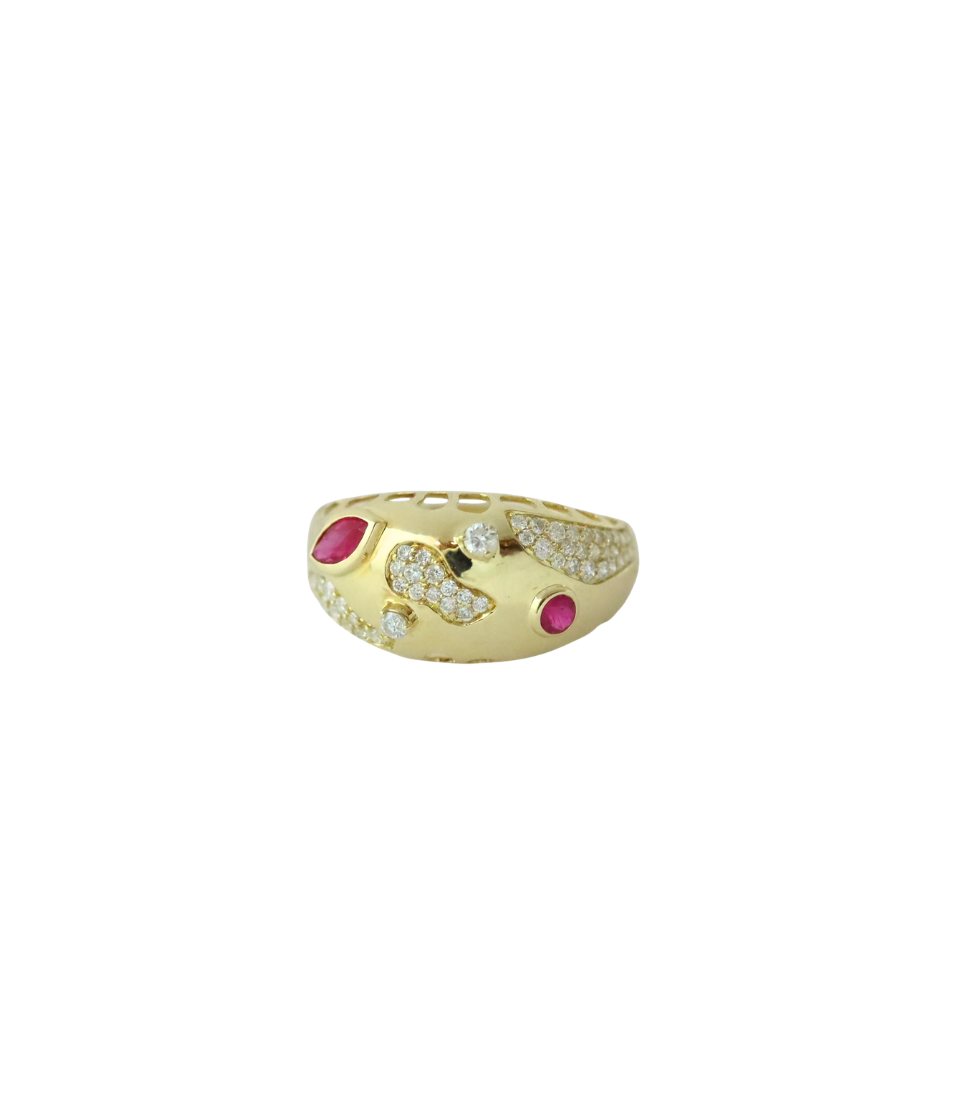 14K Gold Abstract Ruby & Diamond Dome Ring