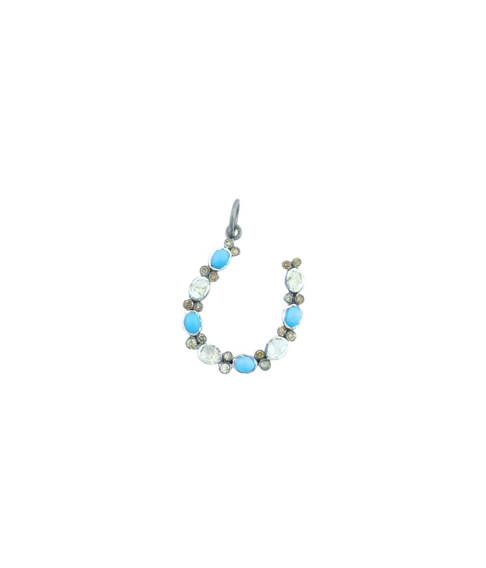 Silver Polki Diamond & Turquoise Horseshoe Charm
