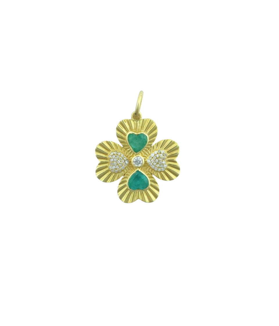 14K Gold Diamond & Emerald Four Leaf Clover Charm