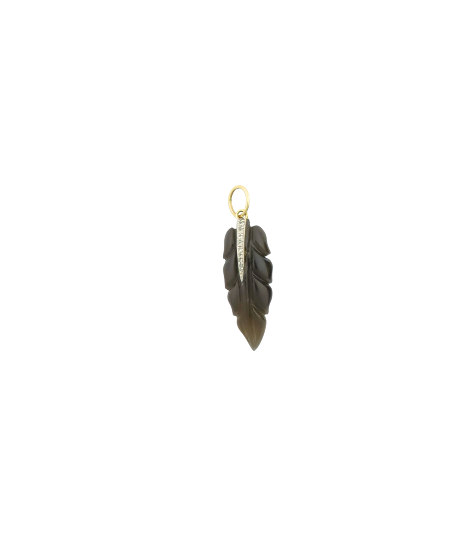 14K Gold Diamond Carved Smoky Topaz Feather Charm