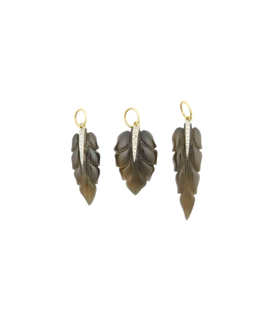 14K Gold Diamond Carved Smoky Topaz Feather Charm