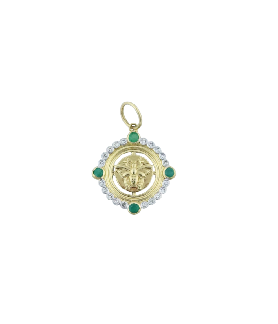 14K Gold Emerald Bee Coin Charm