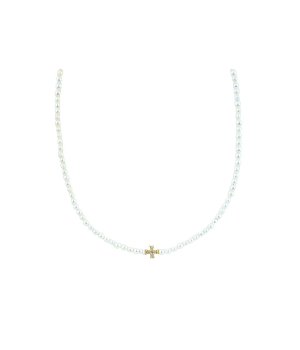 14K Gold Diamond Cross 3mm Pearl Necklace