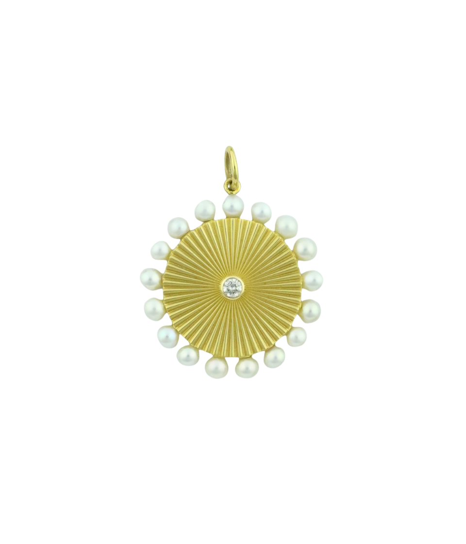 14K Gold Diamond Pearl Disc Charm