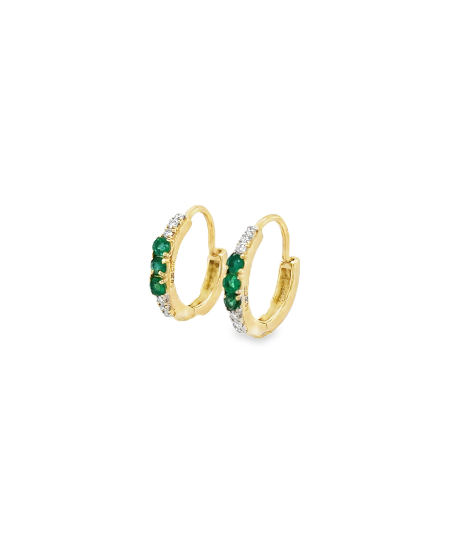 13mm 14K Gold Diamond & Emerald Huggies