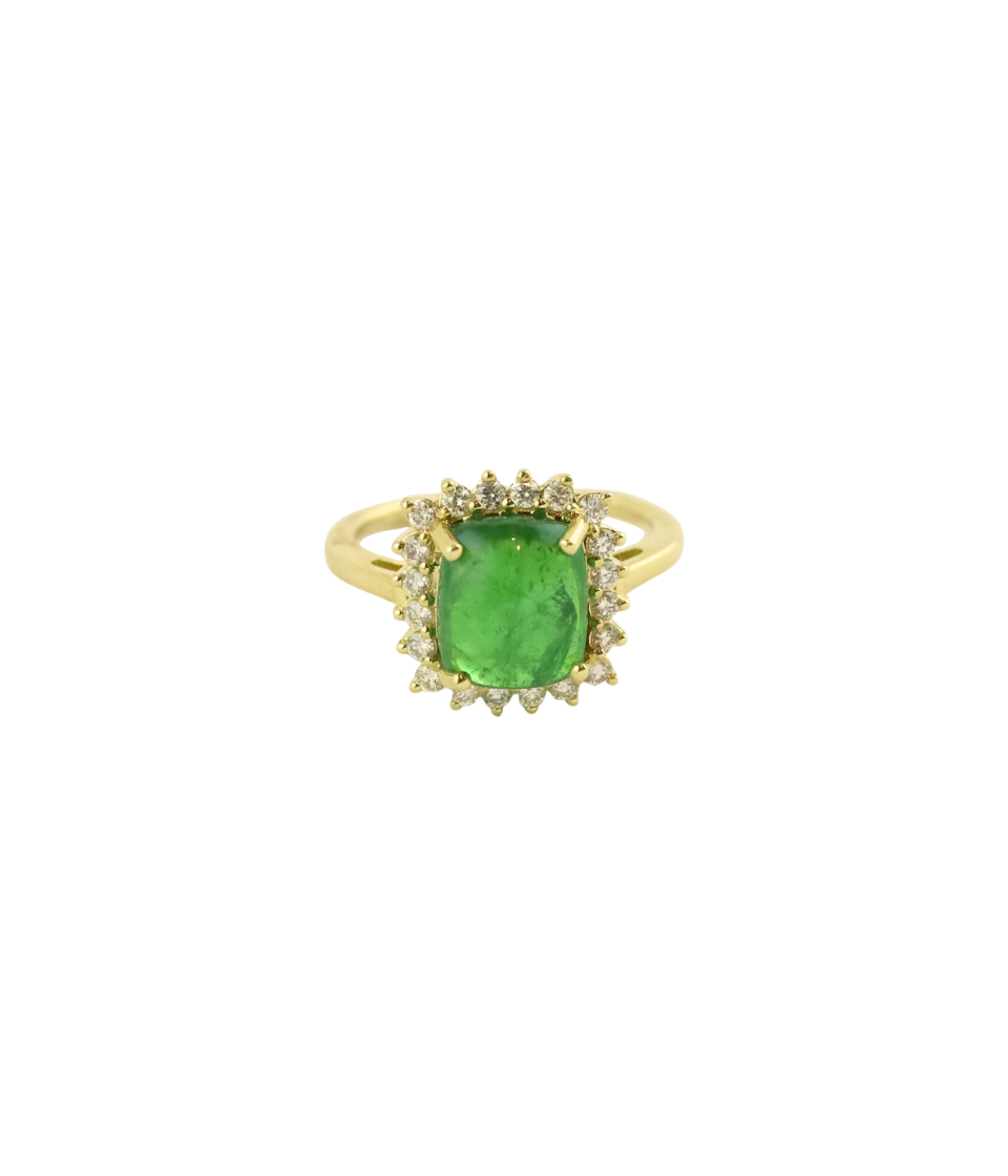 14K Gold 4.22ct Tsavorite Cabochon Diamond Frame Ring