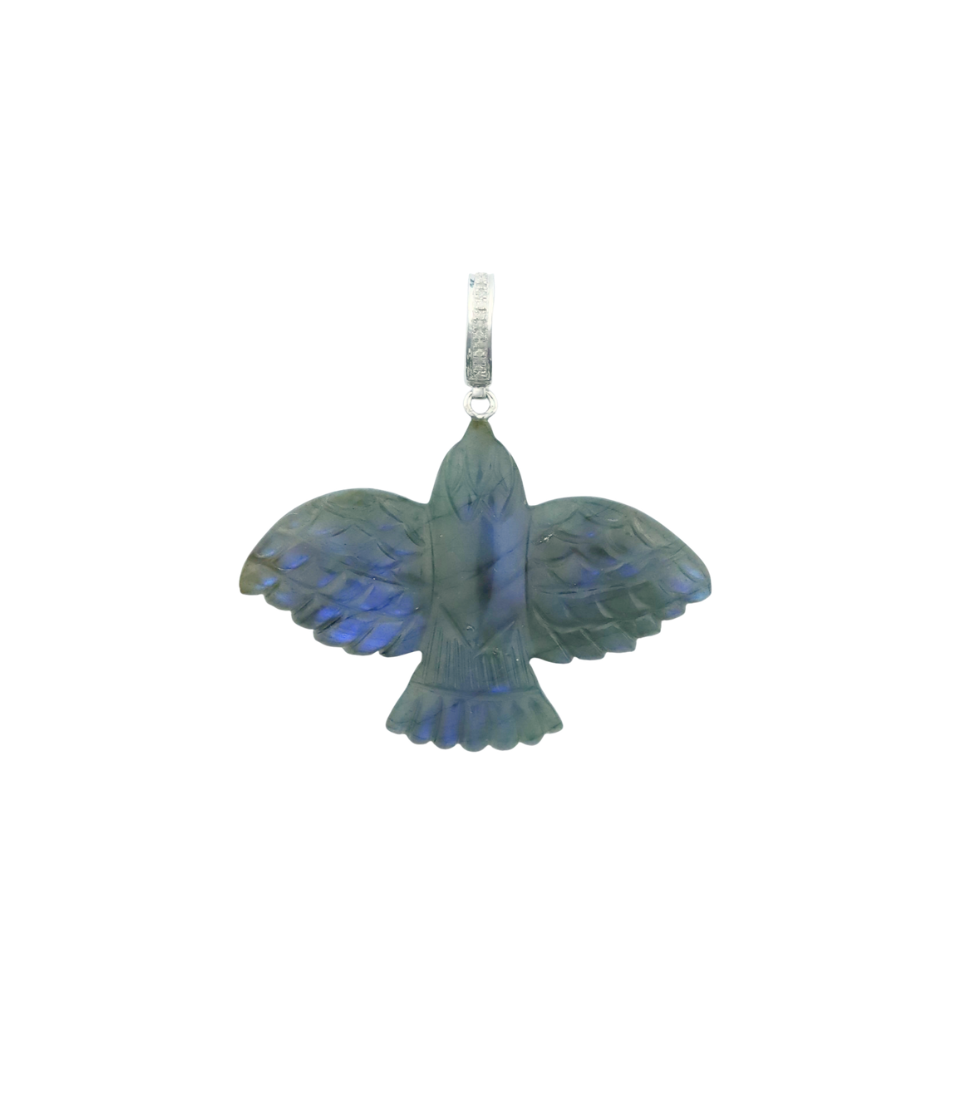 XL Carved Labradorite Thunderbird Silver Diamond Charm