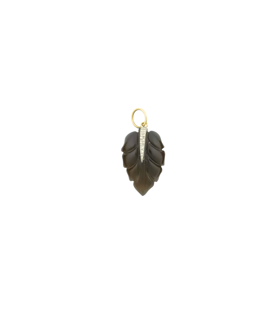 14K Gold Diamond Carved Smoky Topaz Feather Charm