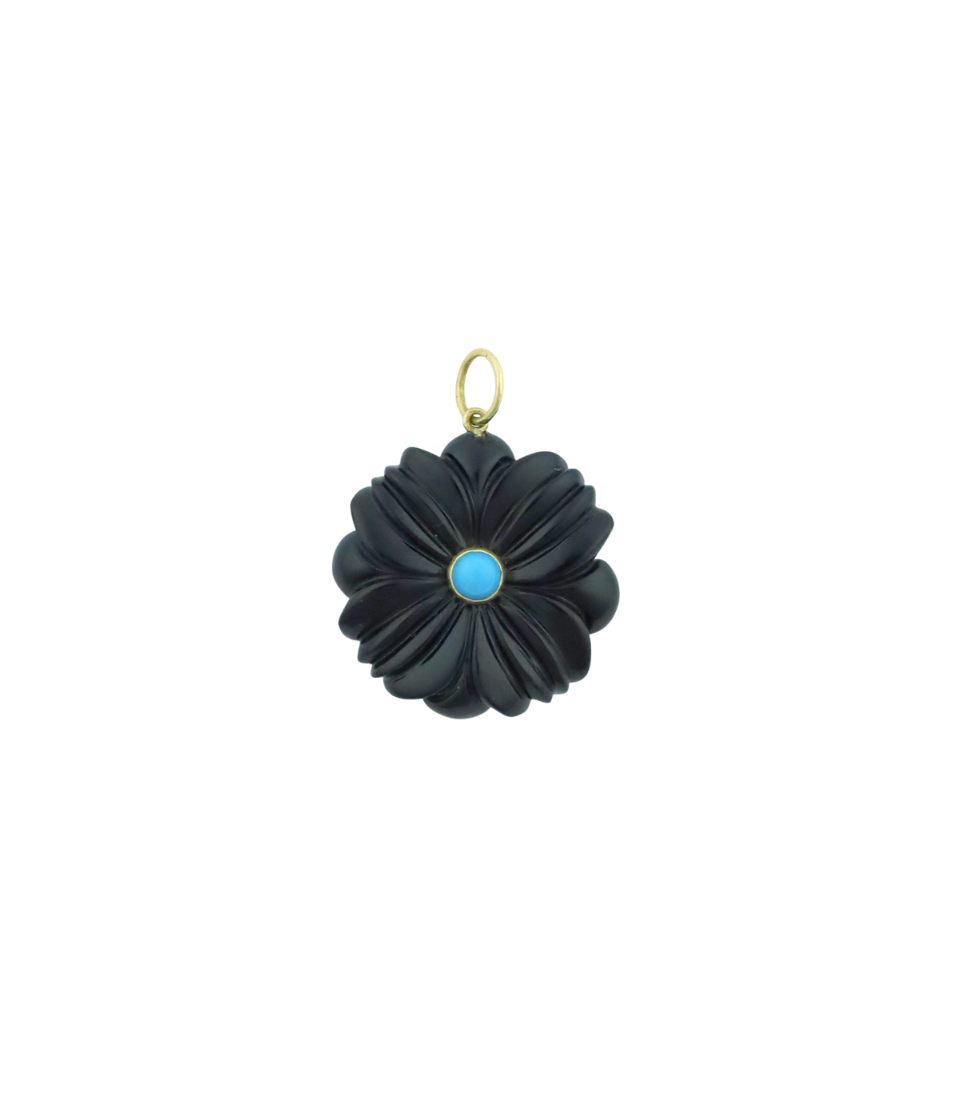 14K Gold Carved Black Onyx Turquoise Flower Charm