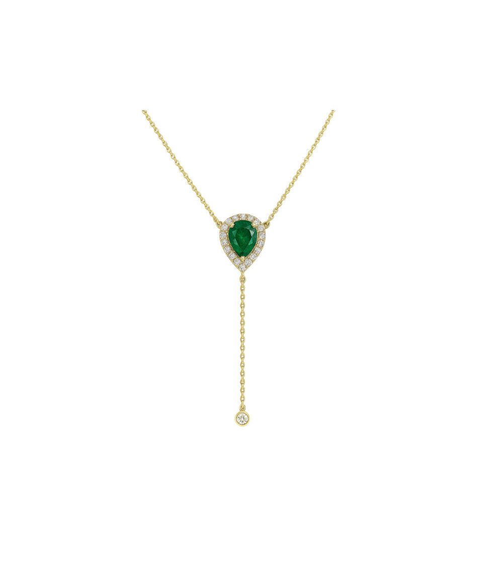 14K Gold Pear Emerald & Diamond Lariat Necklace