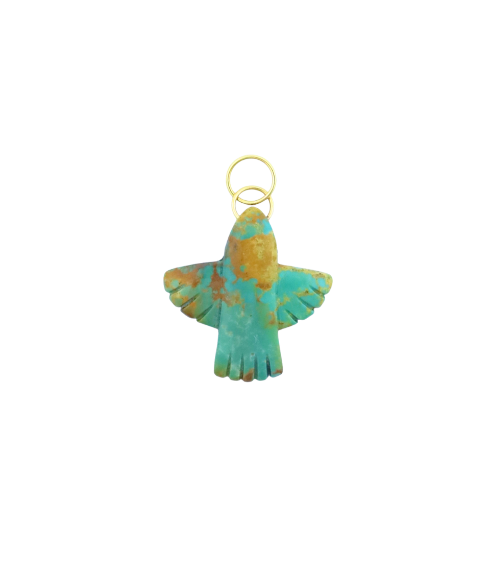Large 14K Gold Carved Green Turquoise Thunderbird Charm