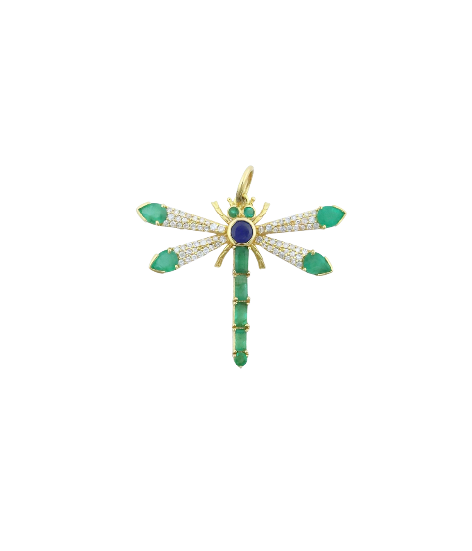 14K Gold Emerald & Sapphire Dragonfly Charm