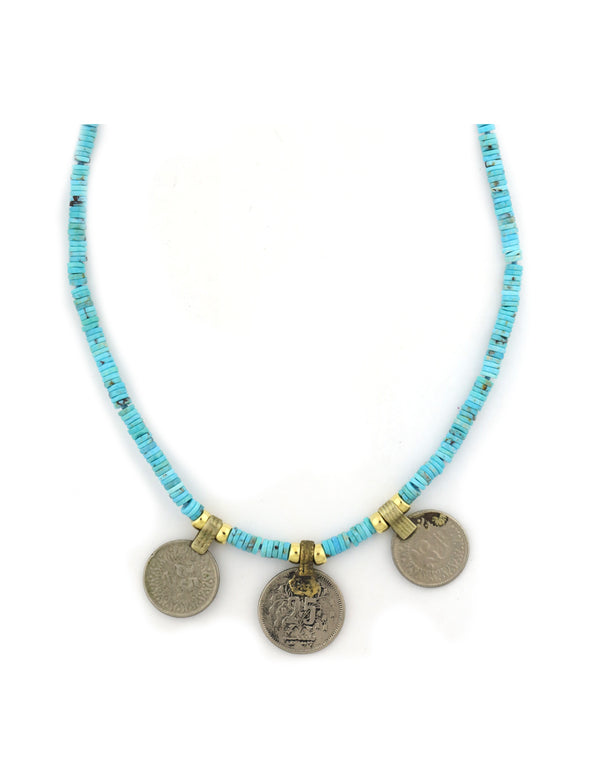 Afghan Coin Trio Heishi Turquoise Necklace